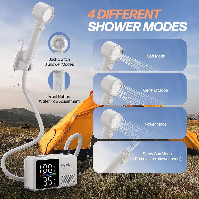 Mytrix Portable Camping Shower Pump with Foldable Bucket, 10L/Min High Flow, 7800mAh Rechargeable Battery, 4 Spray Modes, IPX8 Waterproof Outdoor Shower for Hiking, Travel & Pets - Image 5